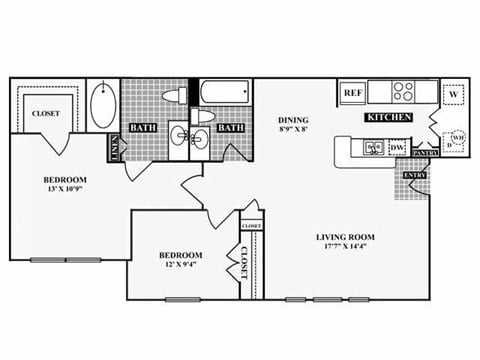 Floor plan for 2 beds, 2 baths, 1000 sqft